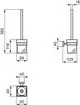 Bürstengarnitur von Ideal Standard mit Glasbehälter und Chrombeschichtung. Abgebildet sind die Maße und Details in verschiedenen Ansichten.